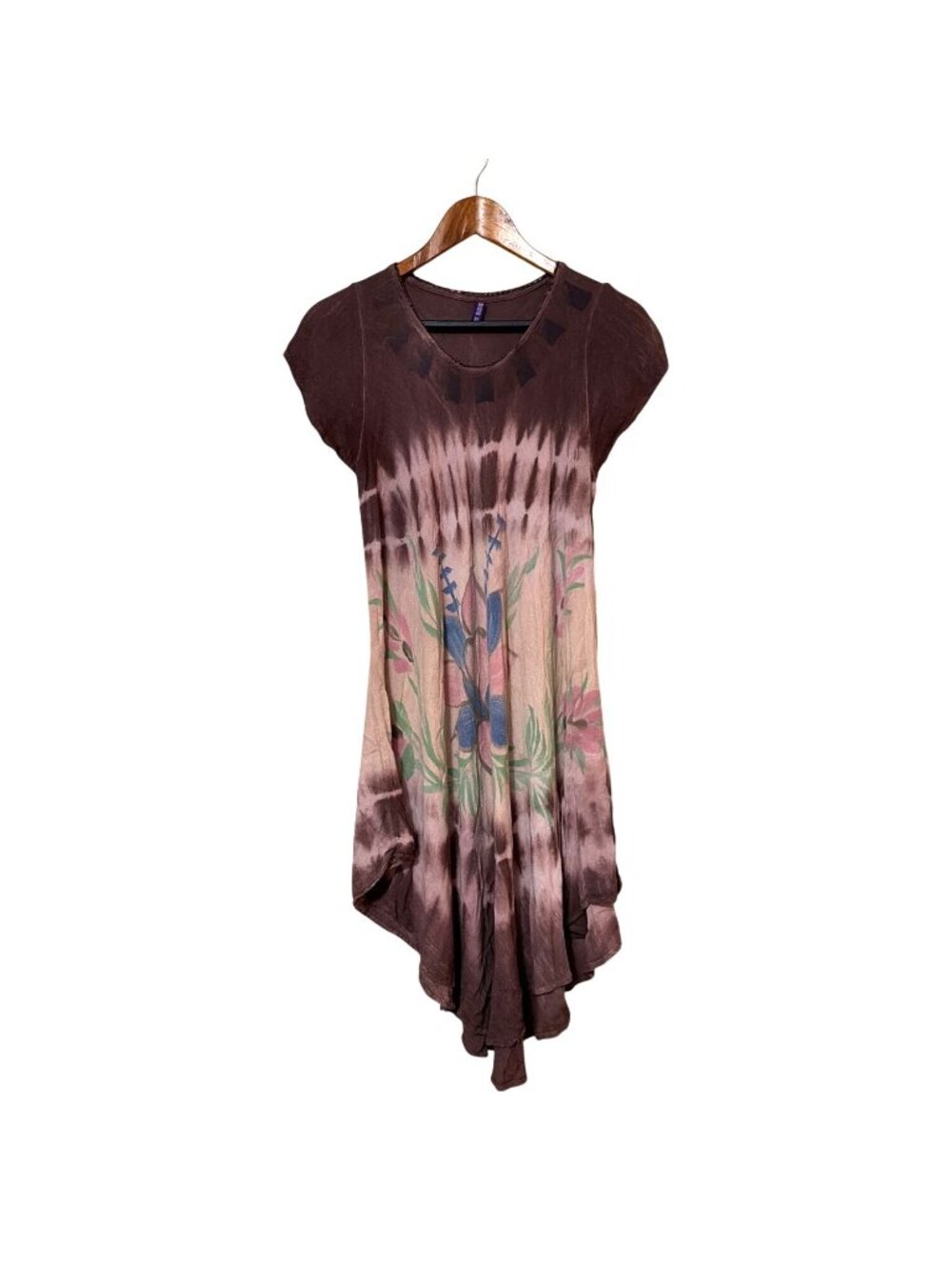 True Rock Womens Tie-Dye Asymmetric Hem Floral Tunic Dress Free Size Brown & Pin - Picture 2 of 6